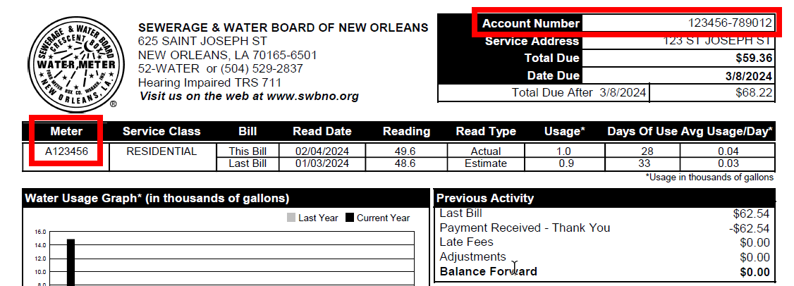 Sample bill with location of account number and meter number highlighted